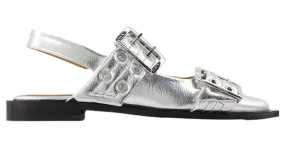 Bailarinas femeninas con hebilla - Ganni - Cuero sintético - Plata Metálico 