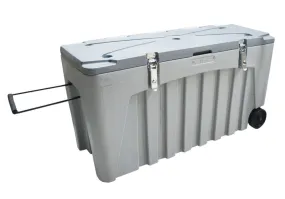 Caja universal, en plástico (PE), gris, con cerradura y ruedas, volumen 140 litros