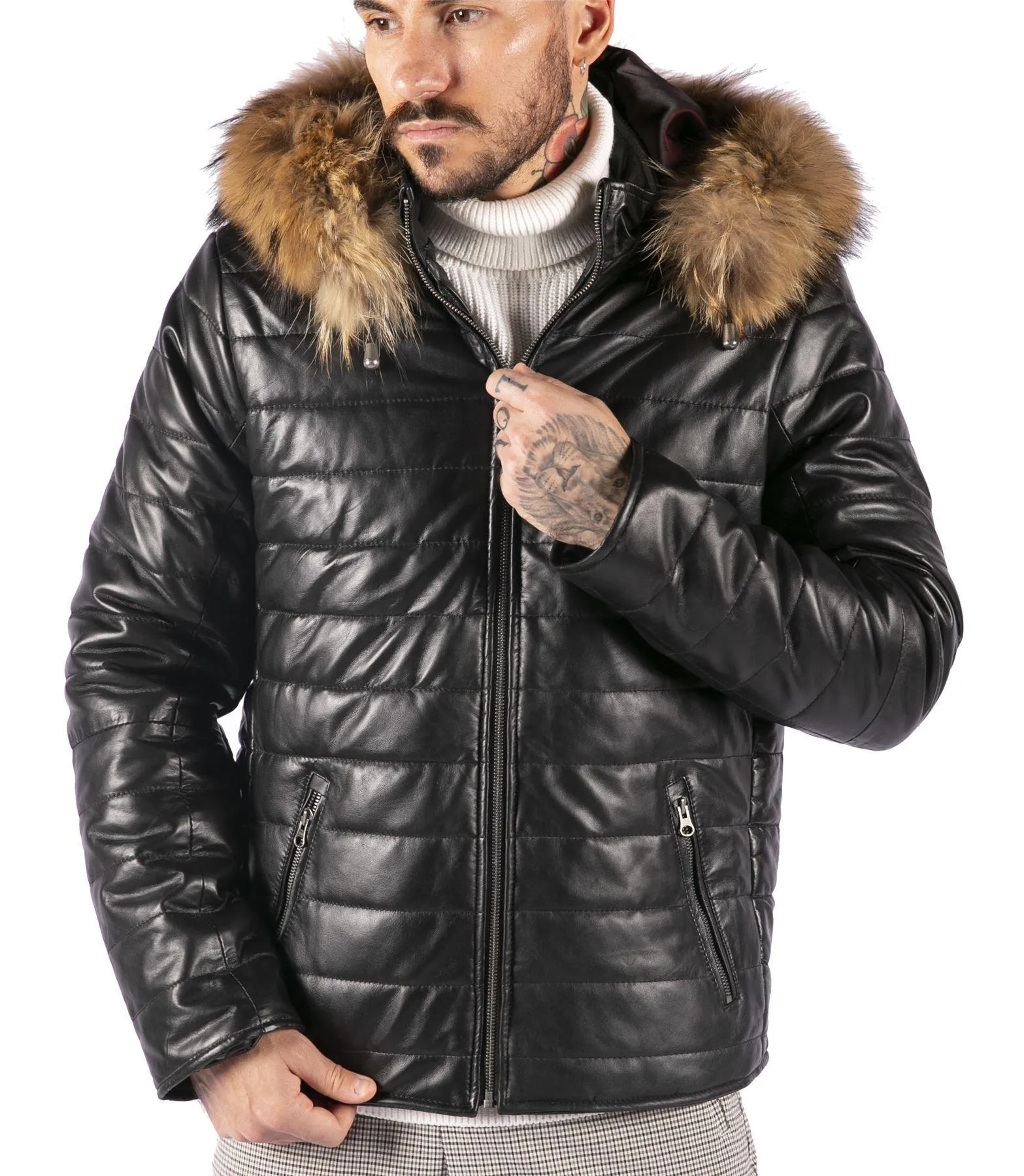 Chaqueta acolchada negra de cuero real con capucha y cremallera ideal para un look informal para hombre