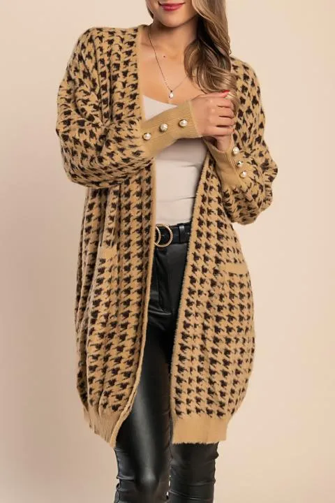 Cárdigan de punto con estampado de pepita, camel