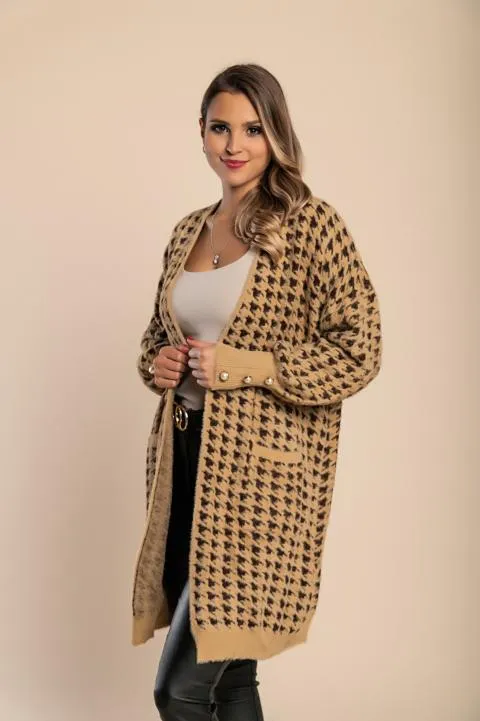 Cárdigan de punto con estampado de pepita, camel