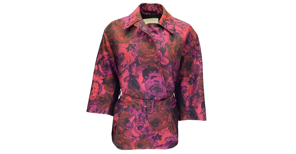 Dries van Noten Fucsia / Chaqueta roja de jacquard con cinturón múltiple Multicolor 