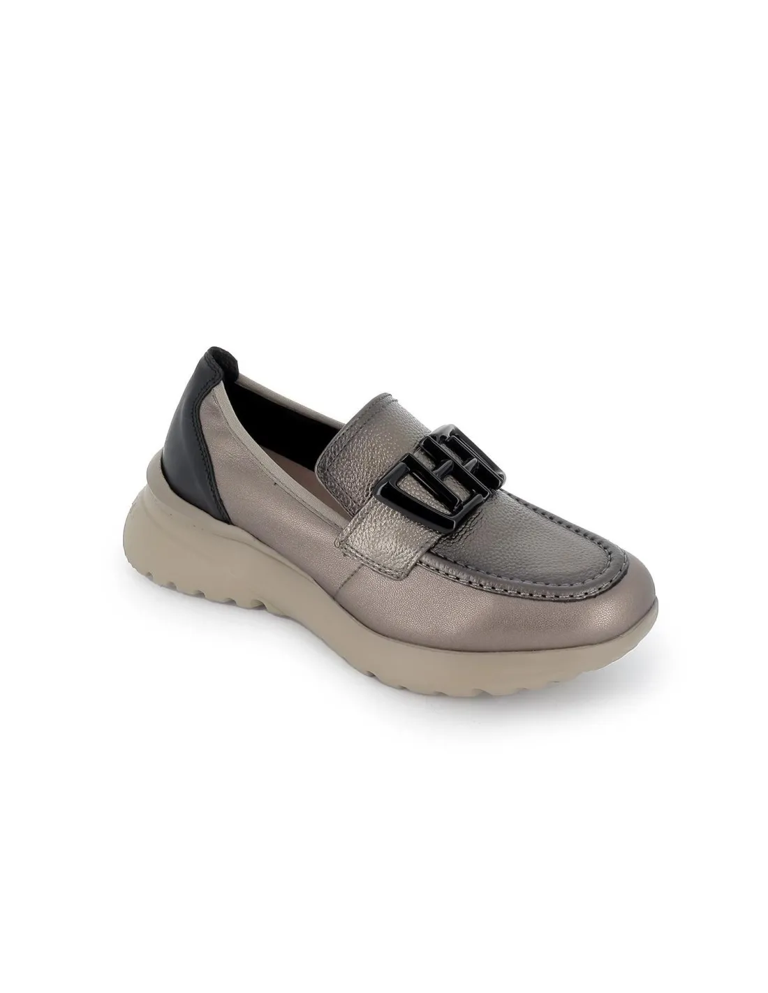 Mocasín cuña con cadena piel plata mujer Hispanitas