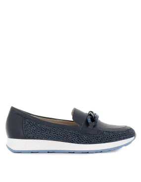 Mocasín plano piel lisa y rafia cadena mujer azul Pitillos