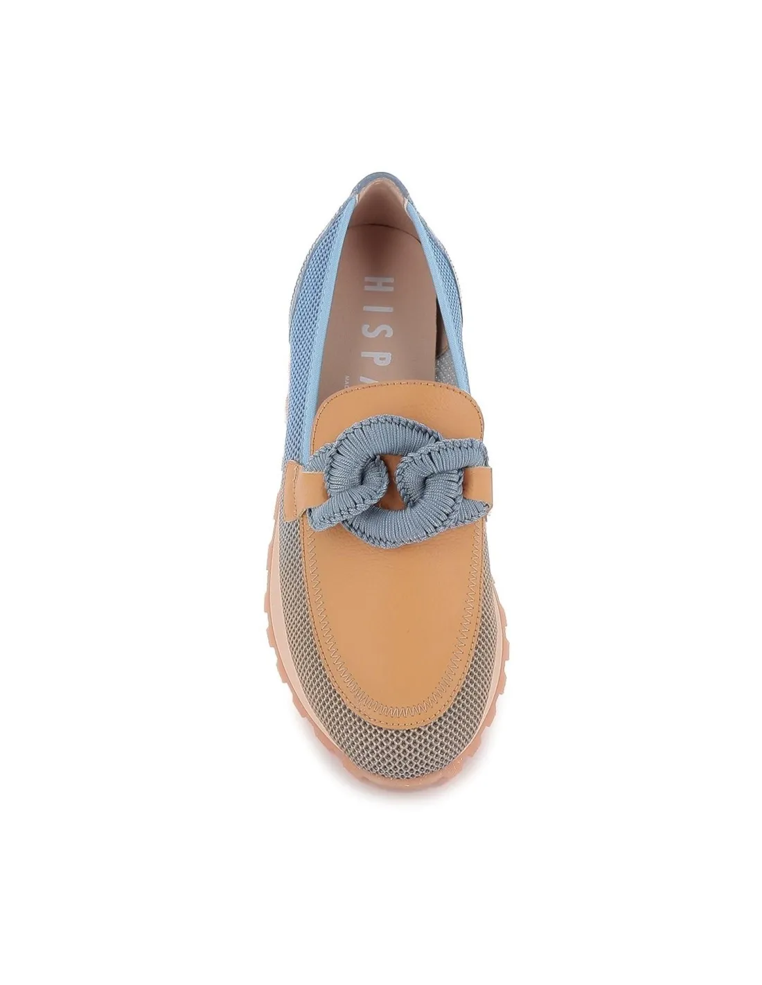 Mocasín sport cuña piel con cadena camel y azul mujer Hispanitas