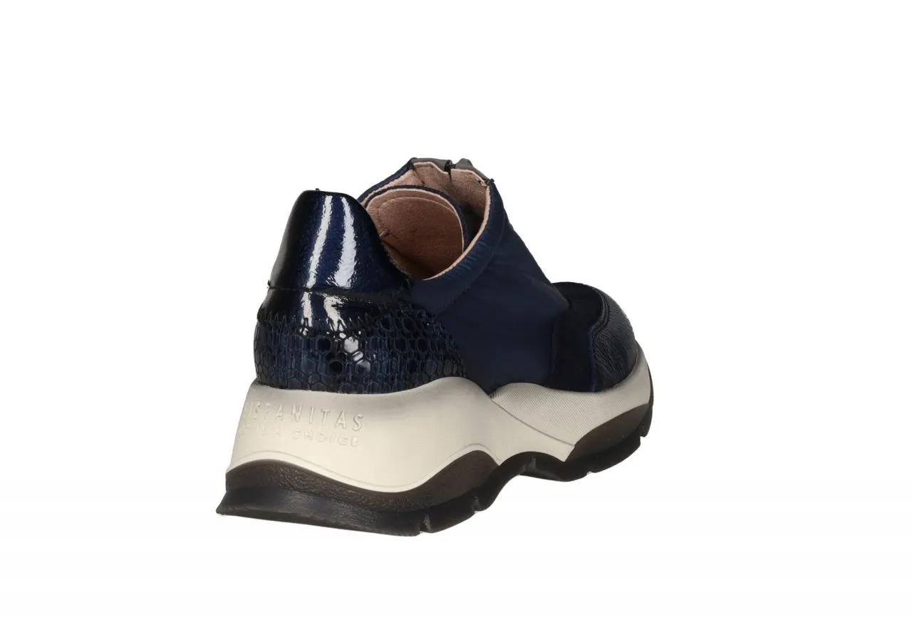 Sneaker Piel Azul Laterales Licra Cremallera Central