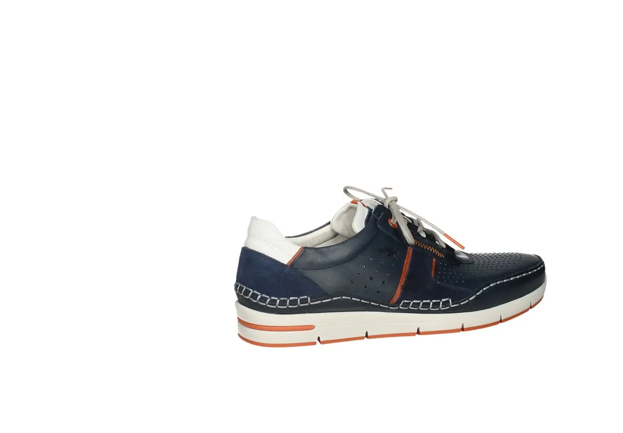 Sneaker Piel Azul Pala Picados Pieza Talon y Piso Blanco Filo Naranja