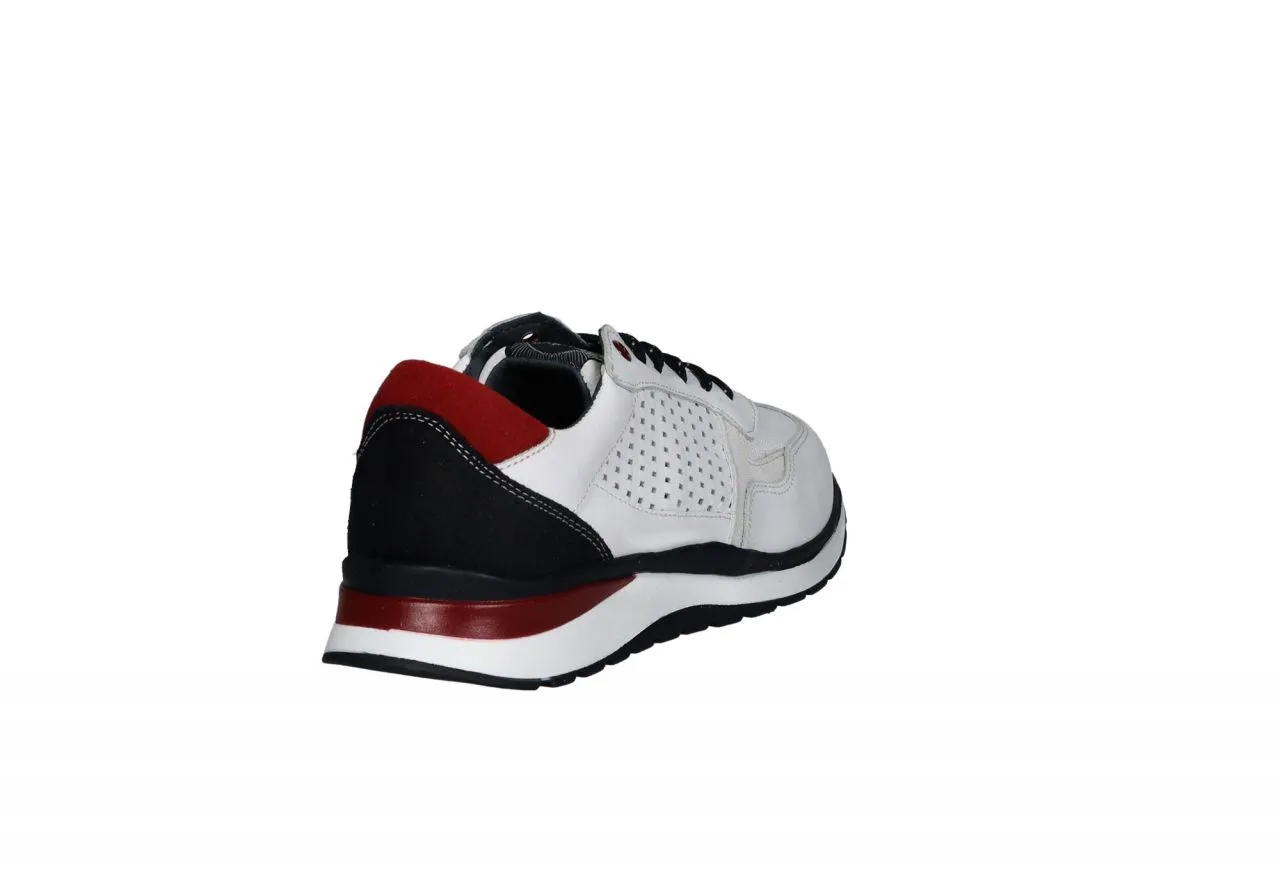 Sneaker Piel Blanco Lateral Calados Talon Azul y Burdeos