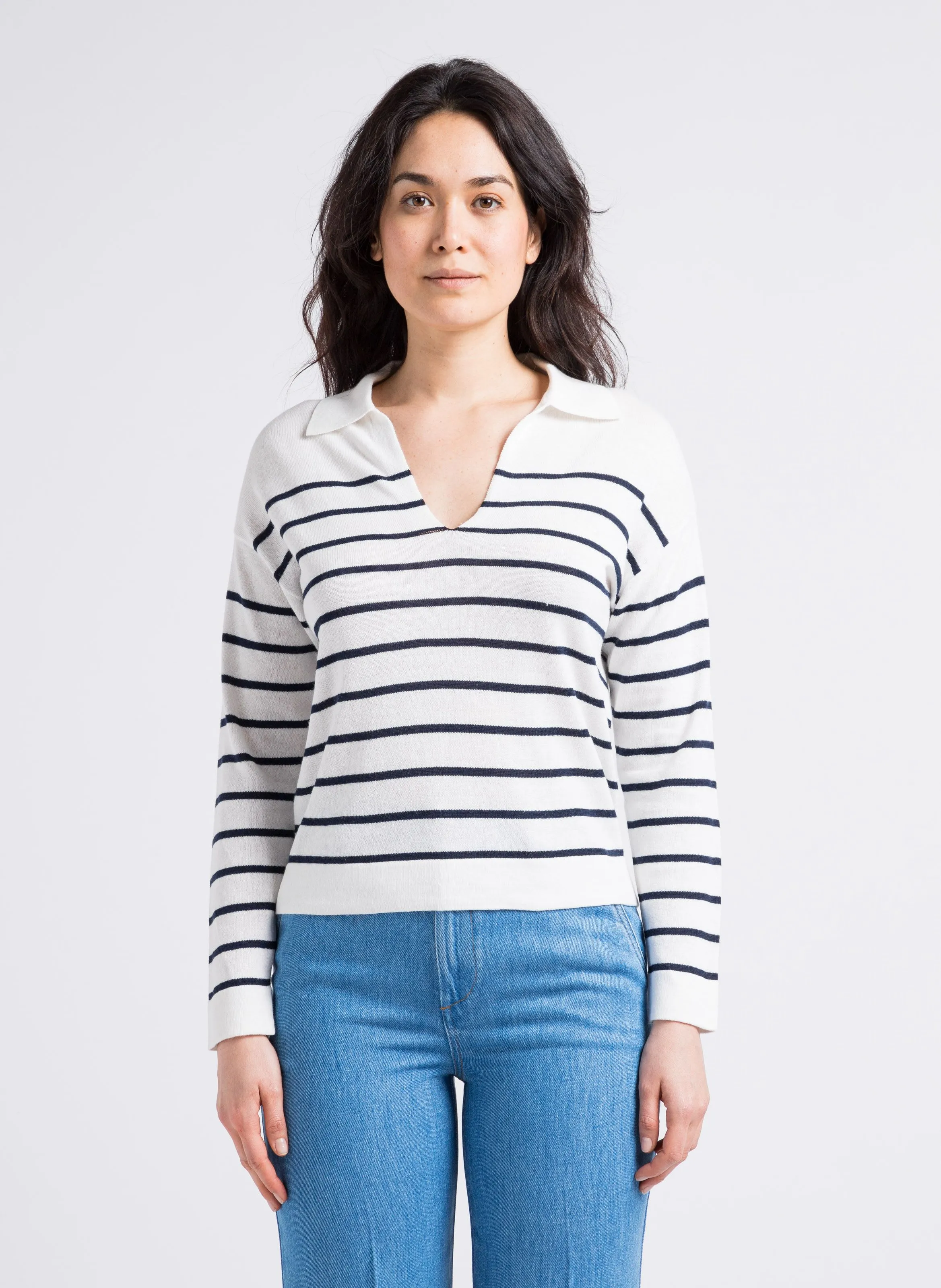 SUD EXPRESS MARTIN - Jersey recto de mezcla de lino y algodón con cuello polo en blanco