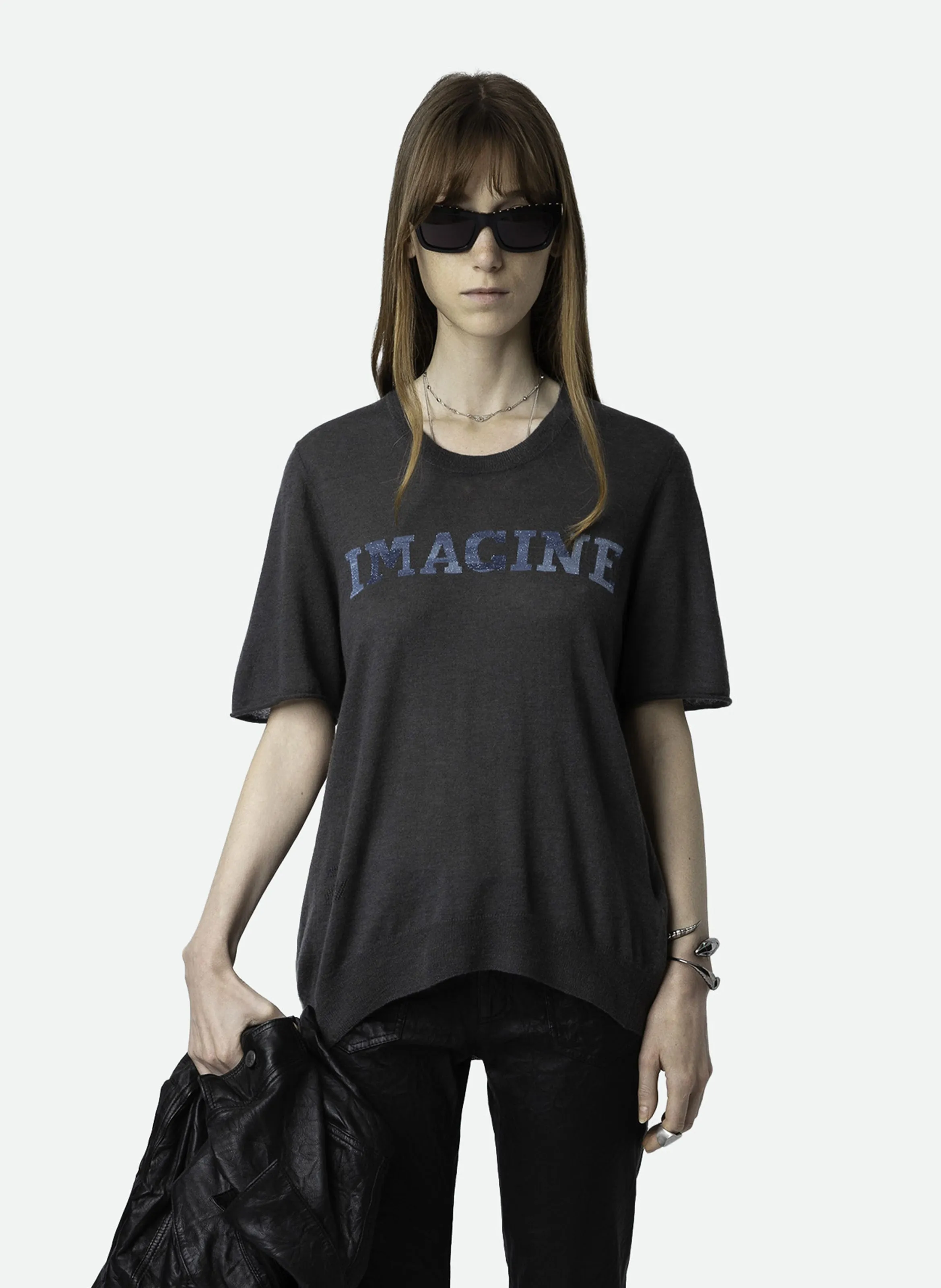 ZADIG&VOLTAIRE IDA - Jersey recto cuello redondo de cachemira y algodón mezclado en gris